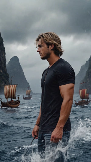 Gen4 Ein Wikinger-Mann von hinten, steht mit dem Rücken zur Kamera, trägt ein schlicht a-2, 11047615