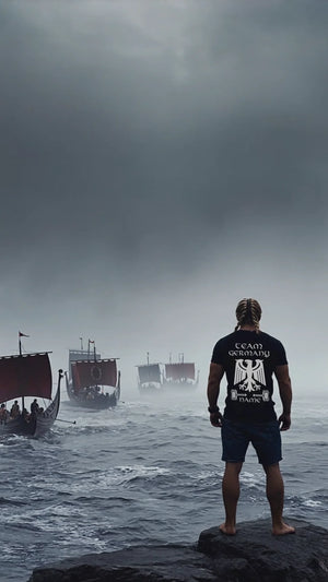 Gen4 Ein Wikinger-Mann von hinten, steht mit dem Rücken zur Kamera, trägt ein schlicht a-2, 18925200