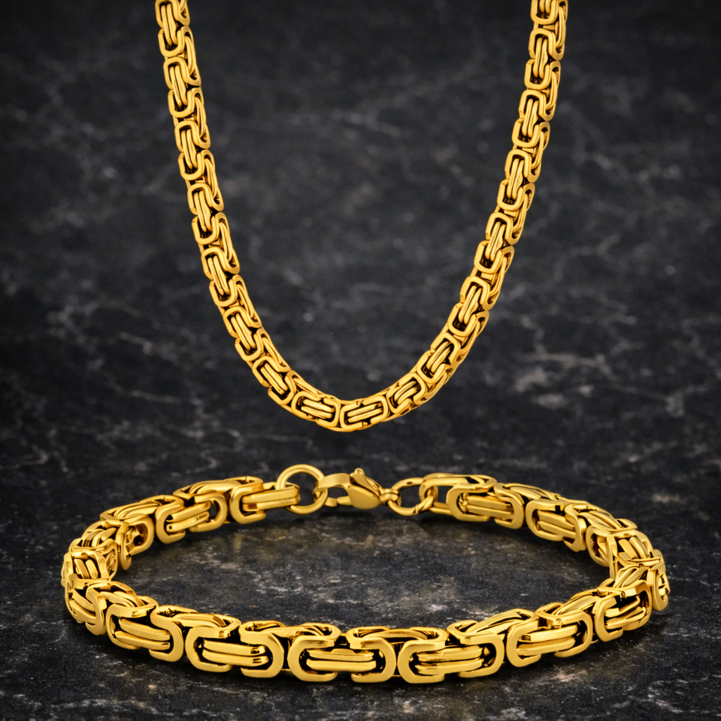 Edelstahl Goldfarbe-Set Königskette & Königsarmband 6mm