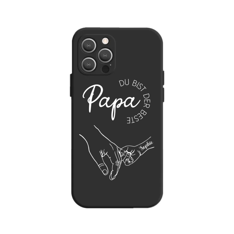 Schwarze Handyhülle mit weißer Illustration von einer großen Hand, die den Finger eines Babys hält. Darüber steht der Schriftzug ‚Papa – Du bist der Beste‘. Der Bereich neben der kleinen Hand ist für einen personalisierbaren Namen vorgesehen.