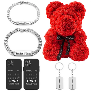 Schönes Geschenkeset für Paare zum Valentinstag, bestehend aus romantischen Accessoires wie Kerzen, Herz-Formen und kleinen Überraschungen, präsentiert auf einem liebevoll dekorierten Tisch.